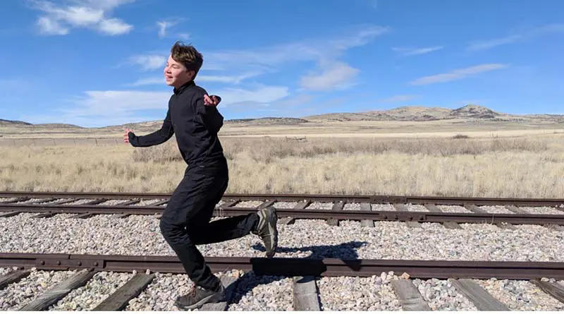 Iden runs along an abandoned track at Golden Spike National Historic Site in Utah. A posed photo? You decide.