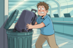 Editorial cartoon showing an anxious traveler in a blue polo shirt grimacing as he stuffs a large purple roller suitcase into an open green airport trash can, with empty seating areas and large glass windows visible in the background, illustrating the increasing trend of travelers abandoning their luggage at airports to avoid baggage fees