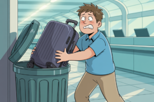 Editorial cartoon showing an anxious traveler in a blue polo shirt grimacing as he stuffs a large purple roller suitcase into an open green airport trash can, with empty seating areas and large glass windows visible in the background, illustrating the increasing trend of travelers abandoning their luggage at airports to avoid baggage fees