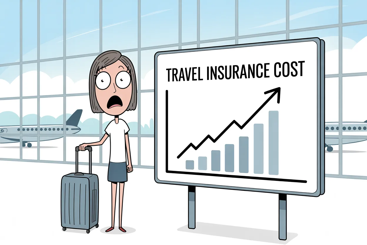 Alarmed traveler with a suitcase beside a rising bar chart labeled travel insurance cost