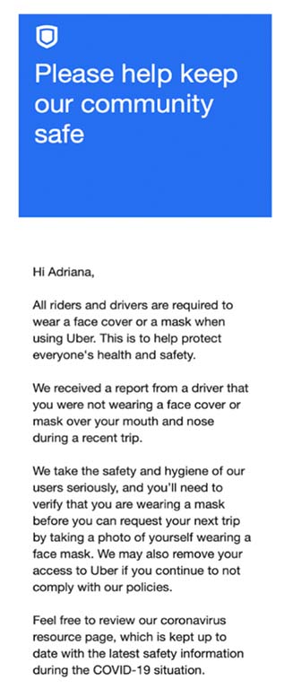 Uber sends warnings to riders who have a mask problem.
