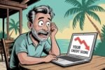 Editorial cartoon showing a worried gray-haired man at an outdoor table at a tropical resort with palm trees and ocean in the background, looking shocked at his laptop displaying "YOUR CREDIT SCORE" with a red downward-trending arrow, illustrating how a timeshare upgrade dispute caused his credit score to drop 43 points despite following the company's payment hold instructions