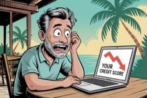 Editorial cartoon showing a worried gray-haired man at an outdoor table at a tropical resort with palm trees and ocean in the background, looking shocked at his laptop displaying "YOUR CREDIT SCORE" with a red downward-trending arrow, illustrating how a timeshare upgrade dispute caused his credit score to drop 43 points despite following the company's payment hold instructions