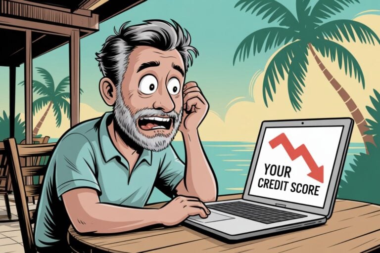 Editorial cartoon showing a worried gray-haired man at an outdoor table at a tropical resort with palm trees and ocean in the background, looking shocked at his laptop displaying "YOUR CREDIT SCORE" with a red downward-trending arrow, illustrating how a timeshare upgrade dispute caused his credit score to drop 43 points despite following the company's payment hold instructions