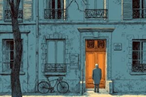 Editorial illustration of an elderly man standing alone at the bright orange wooden door of a blue-toned classic French apartment building with wrought iron balconies, depicting Alan Nathan waiting for his missing luggage in Neuilly-sur-Seine after Luggage Forward and FedEx claimed phantom delivery