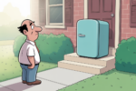 Editorial cartoon showing a confused balding middle-aged man in a white shirt and tie standing on his front lawn looking up at a small light blue mini refrigerator that has been mysteriously returned to his porch steps after being picked up by FedEx, illustrating how third-party seller returns can fail in unexpected ways