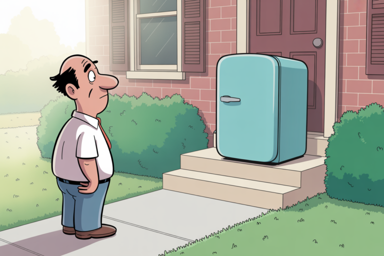 Editorial cartoon showing a confused balding middle-aged man in a white shirt and tie standing on his front lawn looking up at a small light blue mini refrigerator that has been mysteriously returned to his porch steps after being picked up by FedEx, illustrating how third-party seller returns can fail in unexpected ways