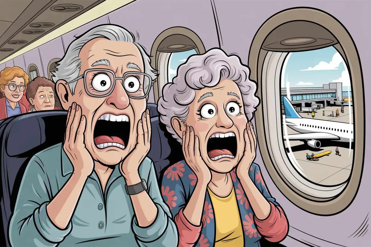 Older couple in airplane seats reacting with dismay, hands to their faces, another jet visible outside
