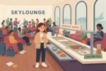Cartoon of a disappointed traveler holding a paper coffee cup in a packed airport lounge marked SKYLOUNGE, beside a picked-over breakfast buffet with a "seating full" sign.