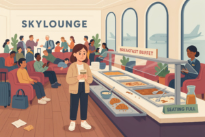 Cartoon of a disappointed traveler holding a paper coffee cup in a packed airport lounge marked SKYLOUNGE, beside a picked-over breakfast buffet with a "seating full" sign.