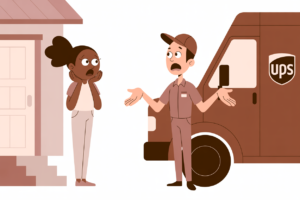 Cartoon of a distressed woman standing at her front door, hands to her face, as a UPS driver stands by his truck with his hands raised in an empty-handed shrug.