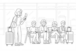Line cartoon of a worried woman holding a boarding pass and pulling a suitcase as her family of three sits anxiously in airport gate seats behind her.