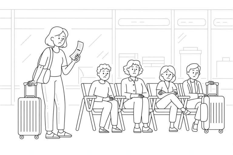 Line cartoon of a worried woman holding a boarding pass and pulling a suitcase as her family of three sits anxiously in airport gate seats behind her.