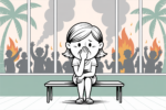 Illustration of a worried young traveler sitting inside an airport as smoke, flames, and panicked crowds appear outside the windows.