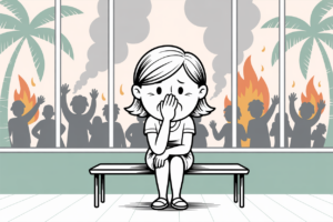 Illustration of a worried young traveler sitting inside an airport as smoke, flames, and panicked crowds appear outside the windows.
