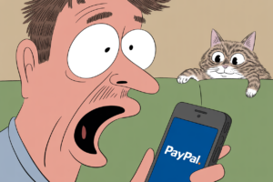 Cartoon of a man staring in shock at a smartphone showing the PayPal app, as a wide-eyed cat peers over the couch behind him.