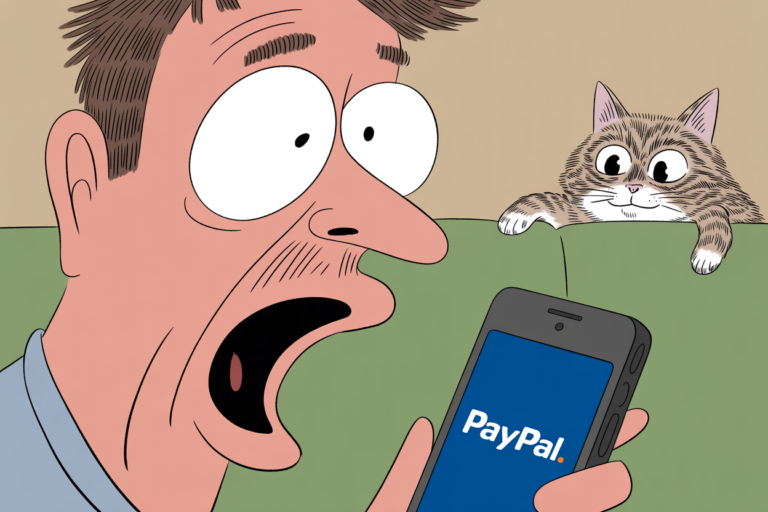 Cartoon of a man staring in shock at a smartphone showing the PayPal app, as a wide-eyed cat peers over the couch behind him.