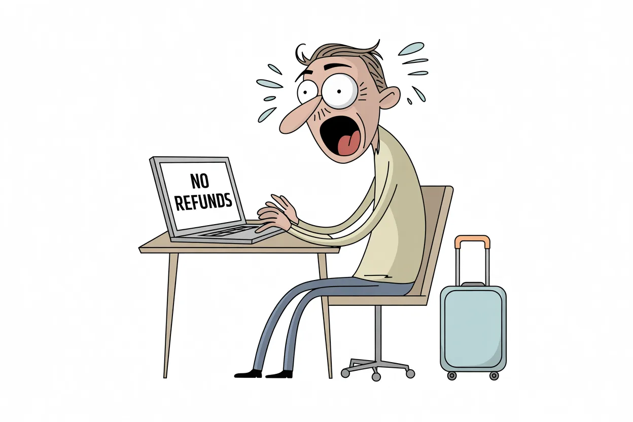 A cartoon traveler sits at a desk beside a suitcase, staring in shock at a laptop screen that reads NO REFUNDS, illustrating the frustration of a refundable booking that will not return the full amount.