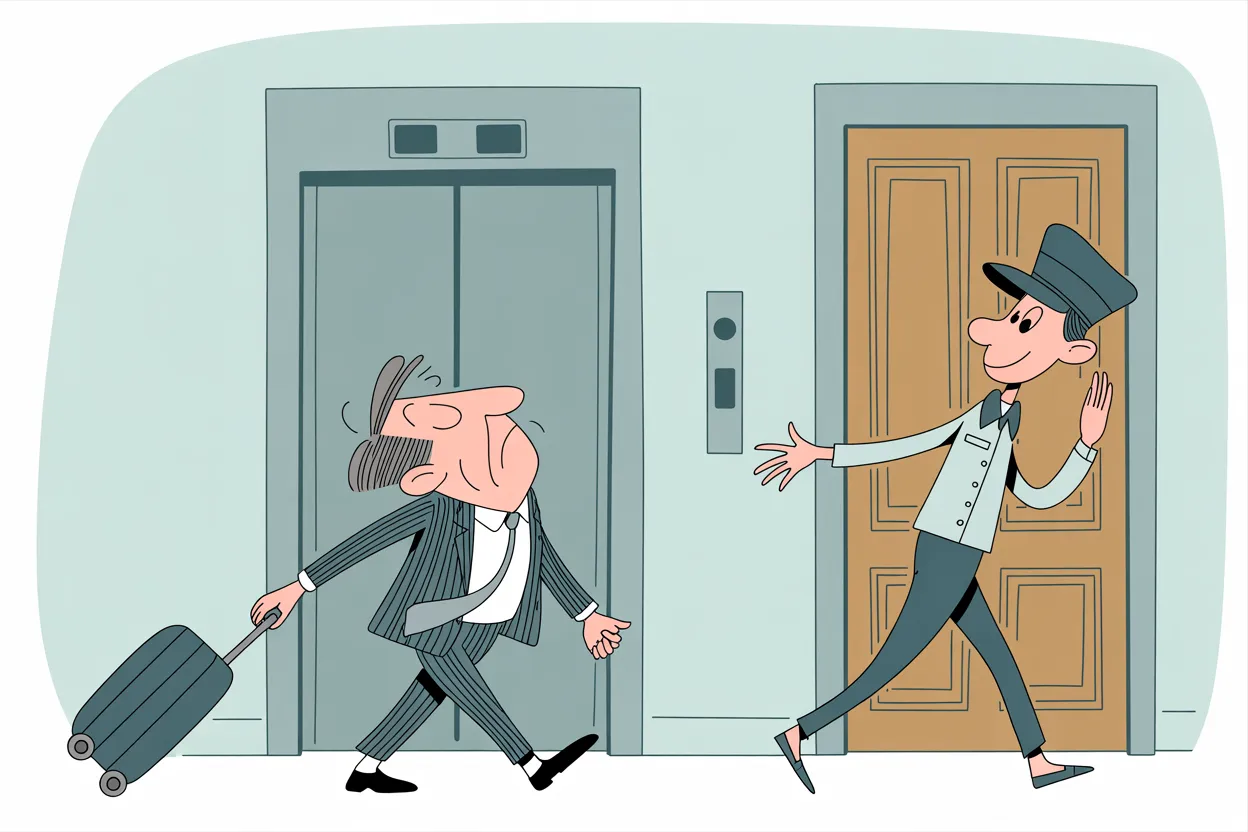 A weary traveler with a suitcase is waved past the elevator toward a guest room by a bellhop