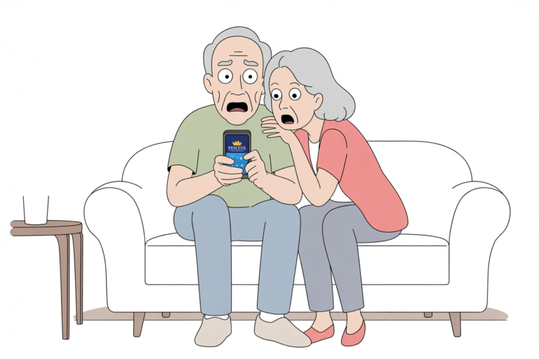 Cartoon of a shocked older couple sitting on a couch staring at a phone showing the Princess Cruises app, reacting to news that their booking has gone wrong.