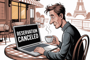 Cartoon of a dismayed man at a Paris cafe table, Eiffel Tower behind him, staring at a laptop screen that reads "RESERVATION CANCELED."