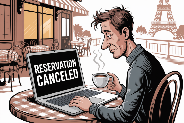 Cartoon of a dismayed man at a Paris cafe table, Eiffel Tower behind him, staring at a laptop screen that reads "RESERVATION CANCELED."