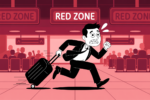Cartoon of a panicked business traveler in a suit sprinting through an airport terminal dragging a rolling suitcase, with large RED ZONE signs overhead and a tense crowd waiting behind him.