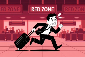 Cartoon of a panicked business traveler in a suit sprinting through an airport terminal dragging a rolling suitcase, with large RED ZONE signs overhead and a tense crowd waiting behind him.