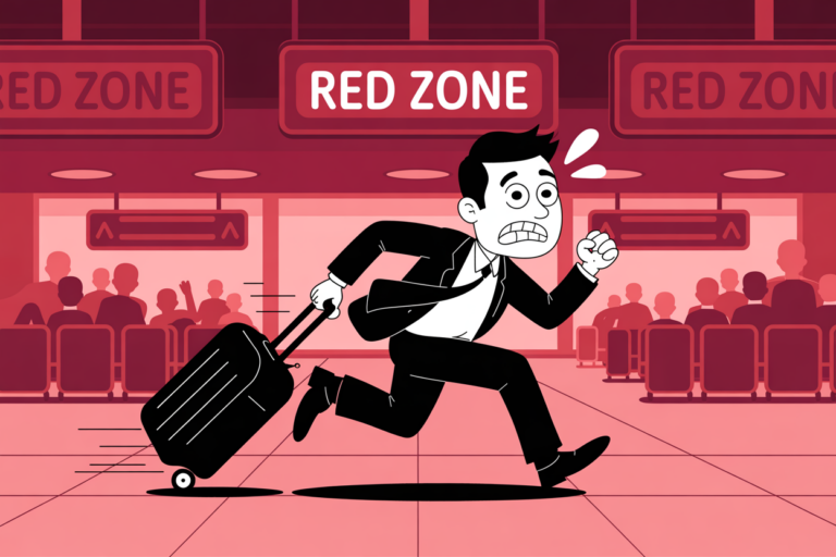 Cartoon of a panicked business traveler in a suit sprinting through an airport terminal dragging a rolling suitcase, with large RED ZONE signs overhead and a tense crowd waiting behind him.
