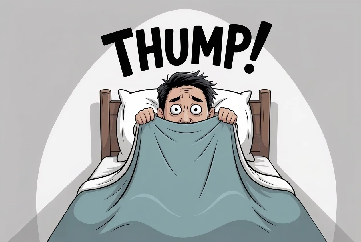 A cartoon man lies awake in bed clutching his blanket with a frightened look as a large THUMP sound effect appears above him, illustrating a guest jolted awake by heavy overhead noise in a rental advertised as quiet.