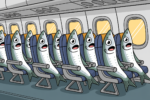 Cartoon of smiling sardines packed upright into narrow airplane seats in a tightly spaced cabin, illustrating how shrinking economy legroom crams travelers in like sardines.