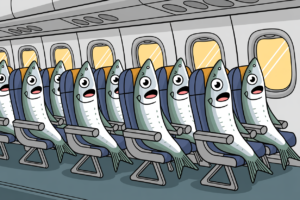 Cartoon of smiling sardines packed upright into narrow airplane seats in a tightly spaced cabin, illustrating how shrinking economy legroom crams travelers in like sardines.