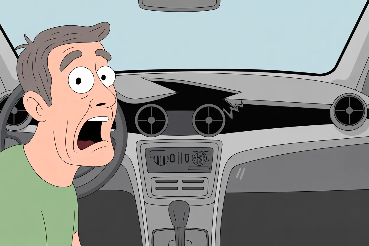 Driver looking in dismay at a wide jagged crack splitting the dashboard of his car