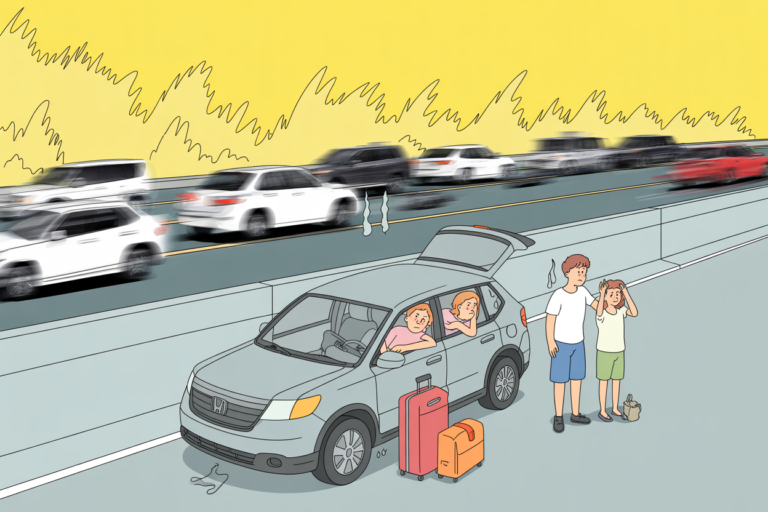 Editorial cartoon showing a stranded family of four standing next to a broken-down silver Honda SUV with steam rising from the hood and two orange suitcases by the open trunk, while traffic blurs past on a yellow-tinted highway under a sweltering yellow sky, illustrating the common summer road trip breakdown scenario between Memorial Day and Labor Day when heat stresses vehicle cooling systems, batteries, and tires