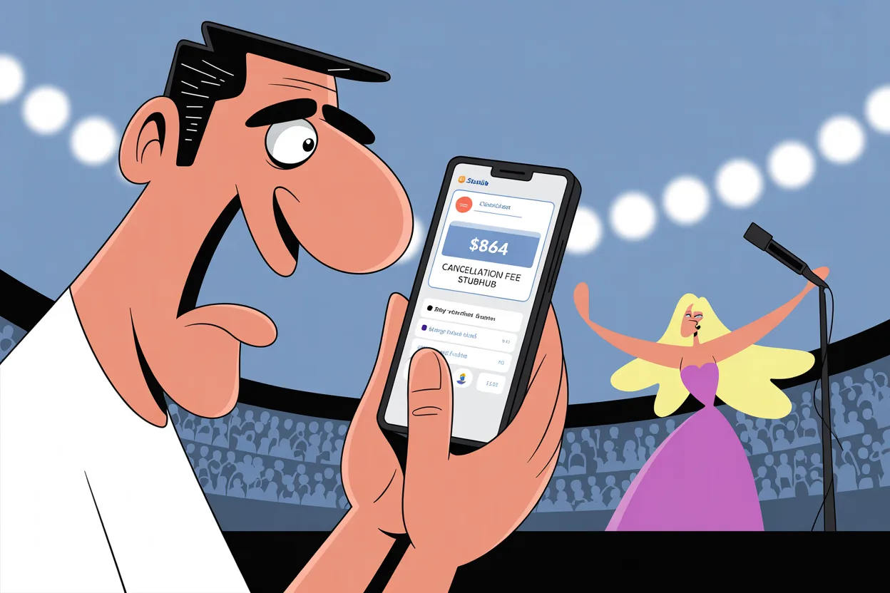 A stunned concertgoer looks at a phone showing an $864 cancellation fee, a singer on stage behind him