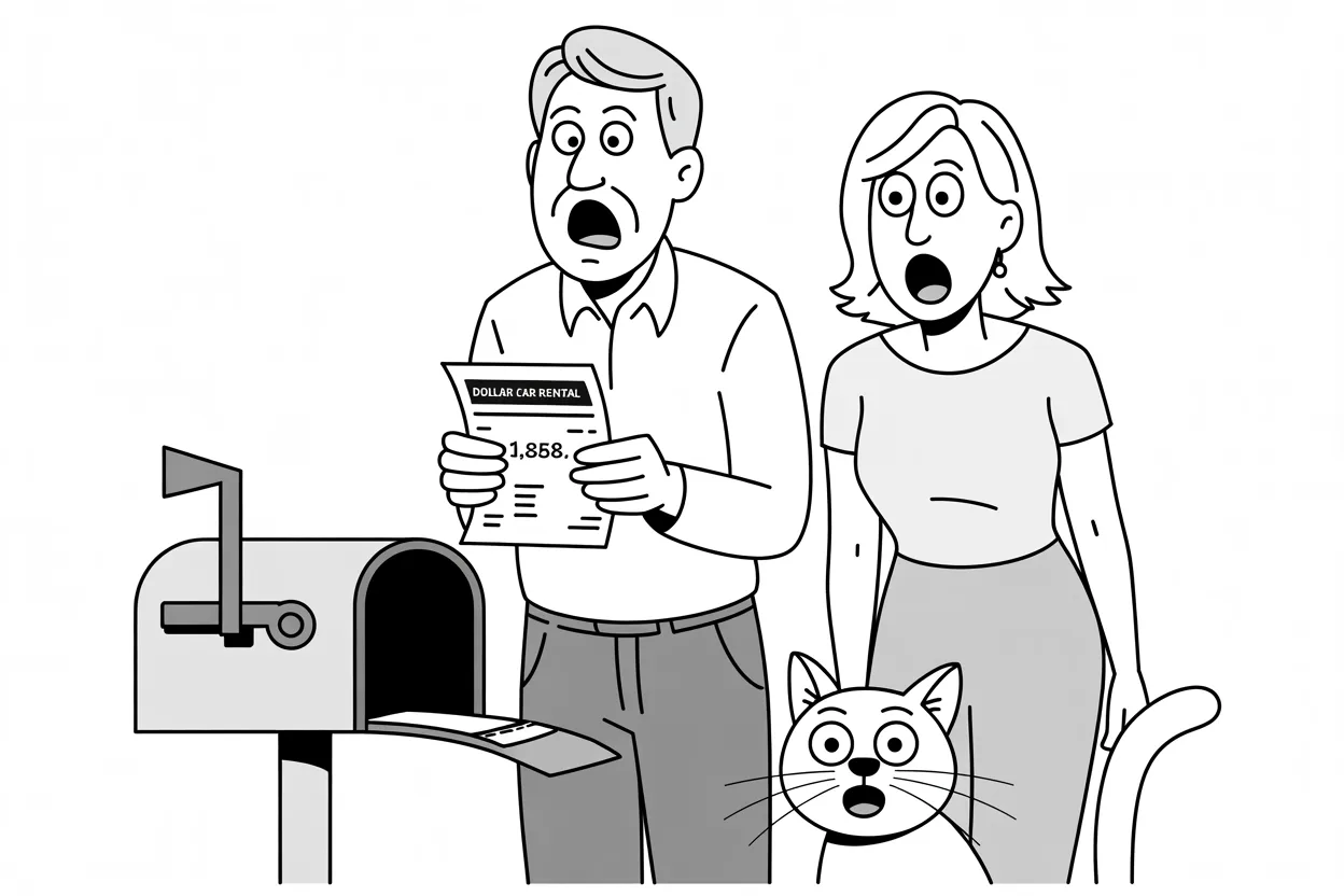 Stunned couple reading a car rental bill for $1,858 pulled from their mailbox