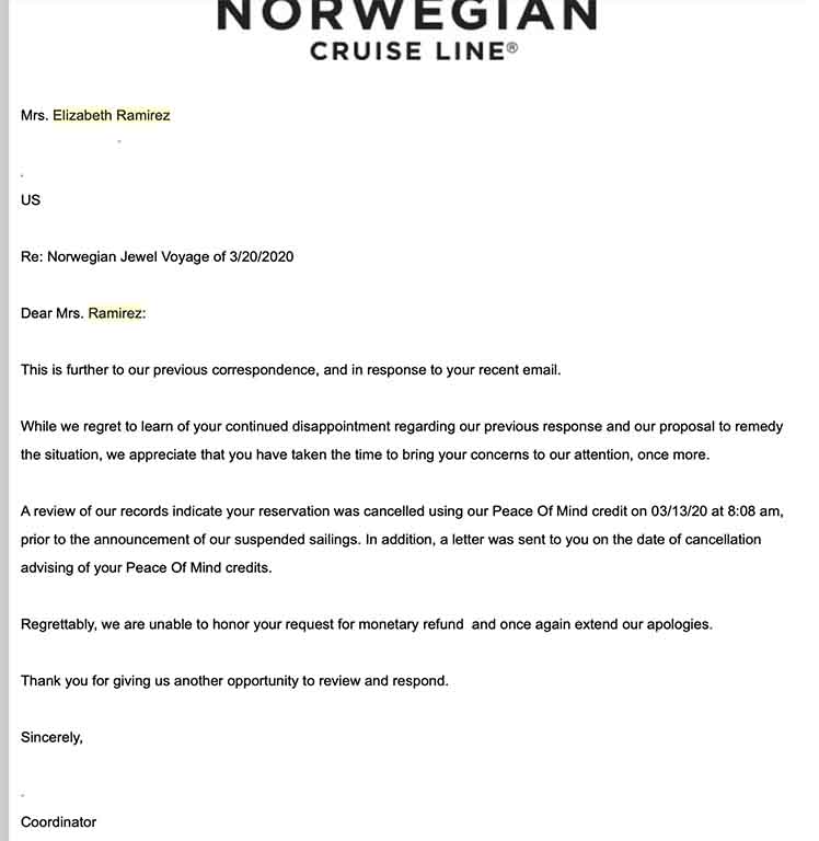 One more refund rejection from NCL!