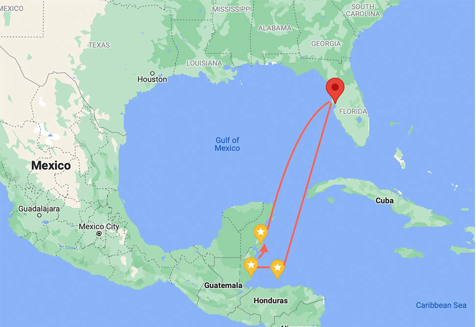 This map graphic shows the cruise itinerary of Norwegian Cruise Line 's Dawn over Christmas.