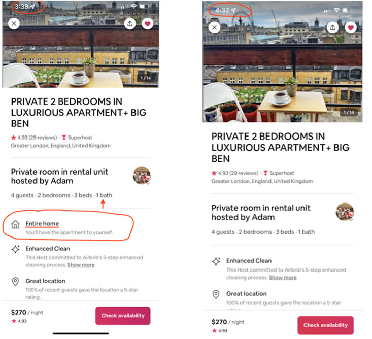 These screenshots show that the Airbnb host sometimes lists his shared space rental as an Entire home. This caused the guest to book the property for his family.