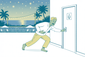 Cartoon of a green-faced traveler clutching his stomach as he rushes toward a restroom door, a palm-lined resort at dusk behind him.