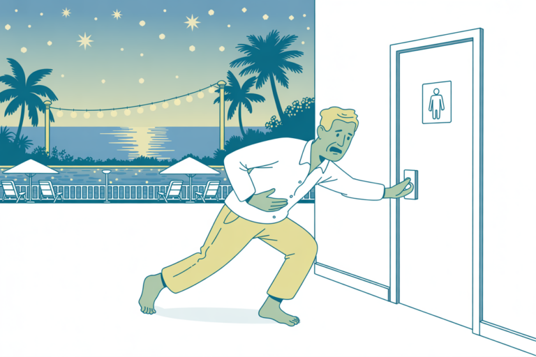 Cartoon of a green-faced traveler clutching his stomach as he rushes toward a restroom door, a palm-lined resort at dusk behind him.
