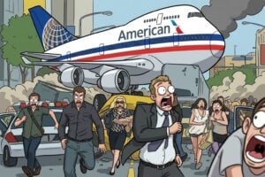 Editorial cartoon illustration of shocked and panicked travelers running away from an enormous airplane featuring both American Airlines red-white-blue livery and United Airlines globe logo, symbolizing consumer anxiety about the proposed United-American Airlines merger that would control 40% of the U.S. market