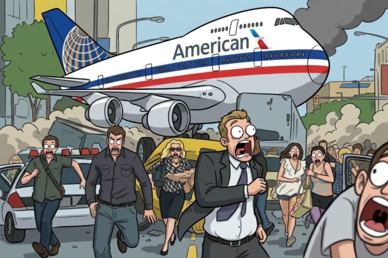 Editorial cartoon illustration of shocked and panicked travelers running away from an enormous airplane featuring both American Airlines red-white-blue livery and United Airlines globe logo, symbolizing consumer anxiety about the proposed United-American Airlines merger that would control 40% of the U.S. market