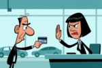 Editorial cartoon showing a confused customer holding out a credit card to a stern rental car counter agent who raises her hand to refuse it, with parked cars visible through the window in the background, depicting how Europcar agents pressure customers into buying duplicate insurance and refuse third-party coverage