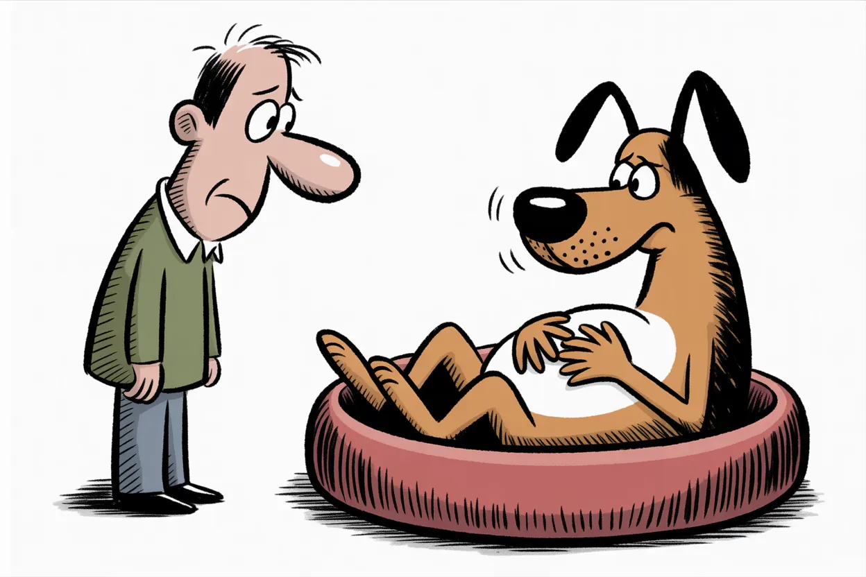 A worried man looks down at his dog lying in a pet bed holding its stomach