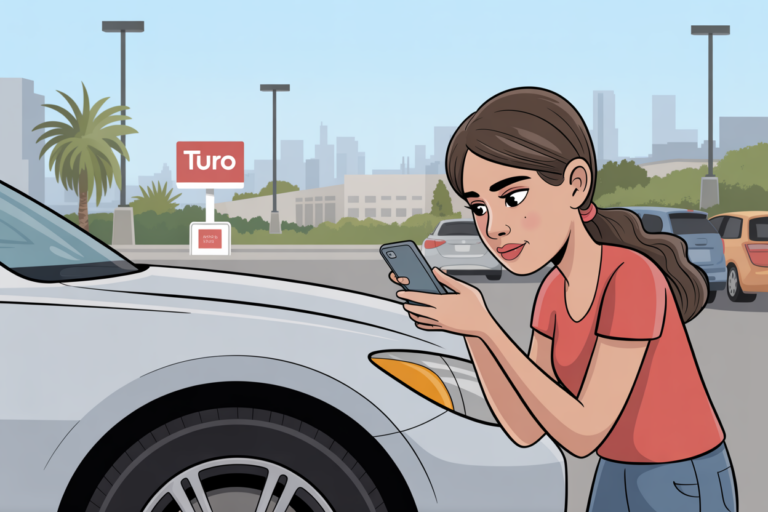 Cartoon of a woman photographing the front of a rental car with her phone in a parking lot, a Turo sign behind her.