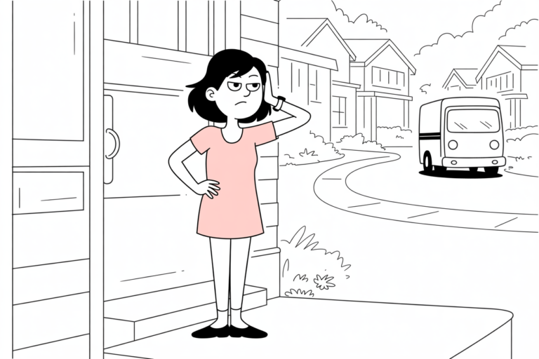 Line-art cartoon of an annoyed woman standing on her front steps with a hand to her head, watching a delivery van drive away down her suburban street.