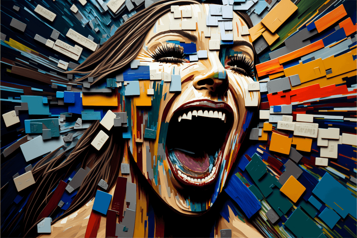Woman screaming. She is made out of Hilton credit cards.
