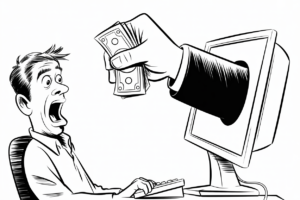 Black and white editorial cartoon of an alarmed man at a desktop computer as a hand reaches out of the monitor screen and snatches cash from in front of him, illustrating online booking scams that drain travelers' money.