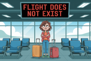 Cartoon of a frustrated traveler with arms crossed standing between two suitcases in an empty airport gate area, beneath a large red departures sign reading "FLIGHT DOES NOT EXIST."